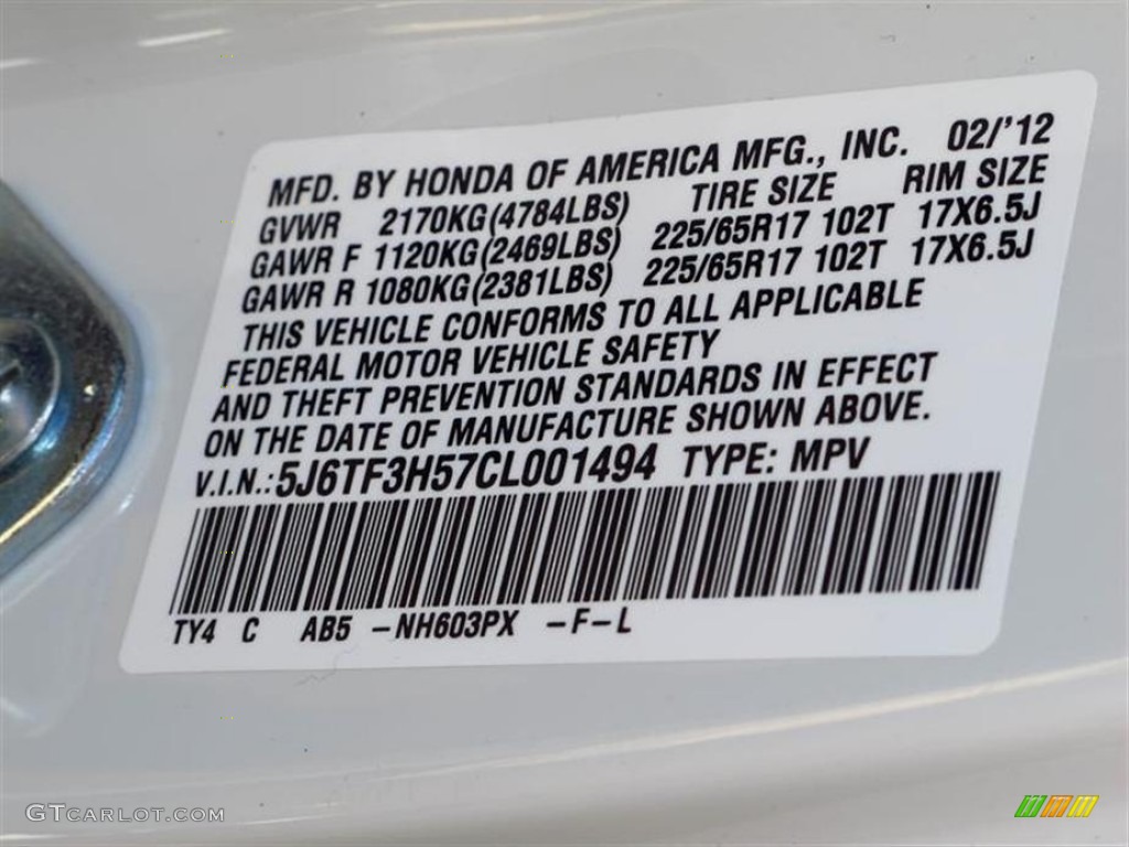 2012 Accord Color Code NH603PX for White Diamond Pearl Photo #61784951