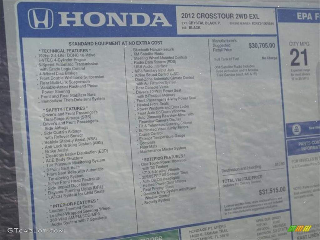 2012 Honda Accord Crosstour EX-L Window Sticker Photo #61785029