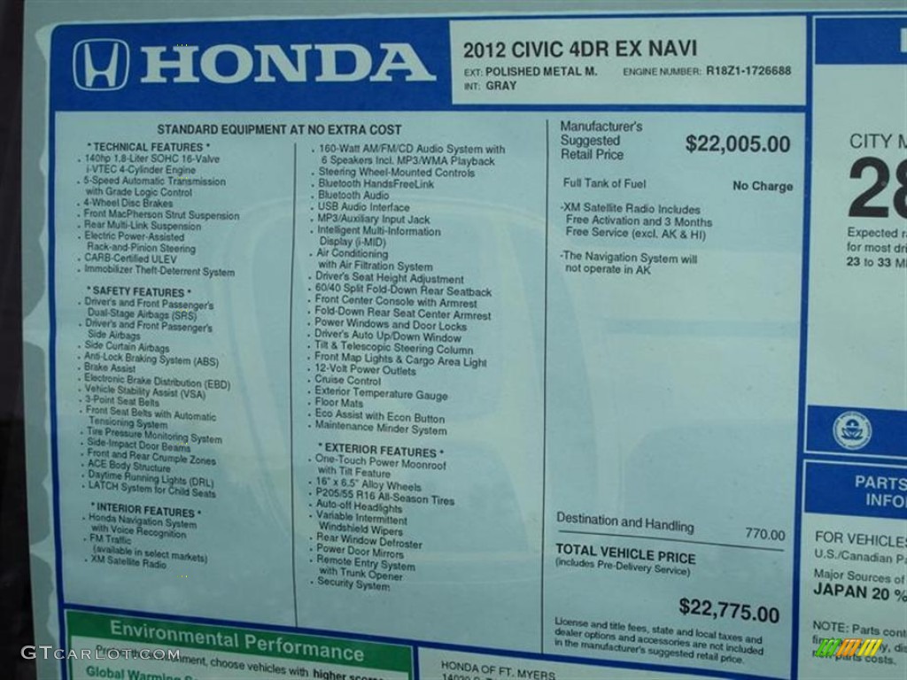 2012 Civic EX Sedan - Polished Metal Metallic / Gray photo #9