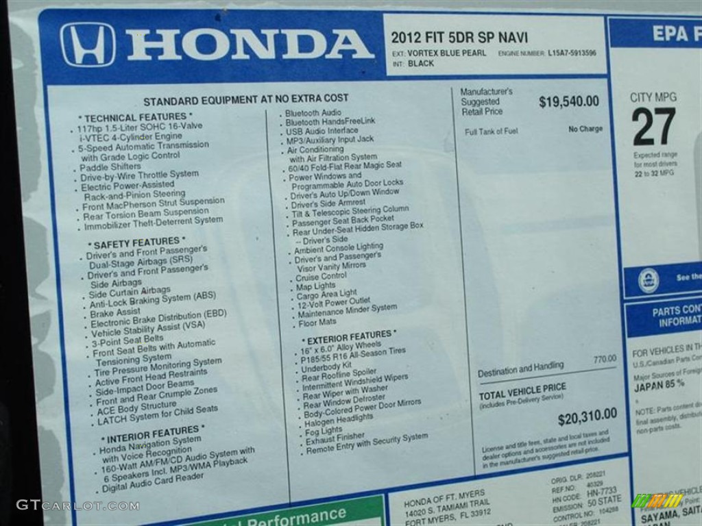 2012 Honda Fit Sport Navigation Window Sticker Photo #61786316