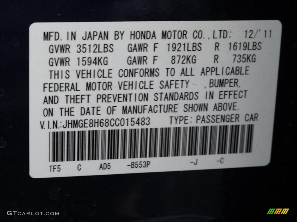 2012 Fit Color Code B553P for Vortex Blue Pearl Photo #61786325