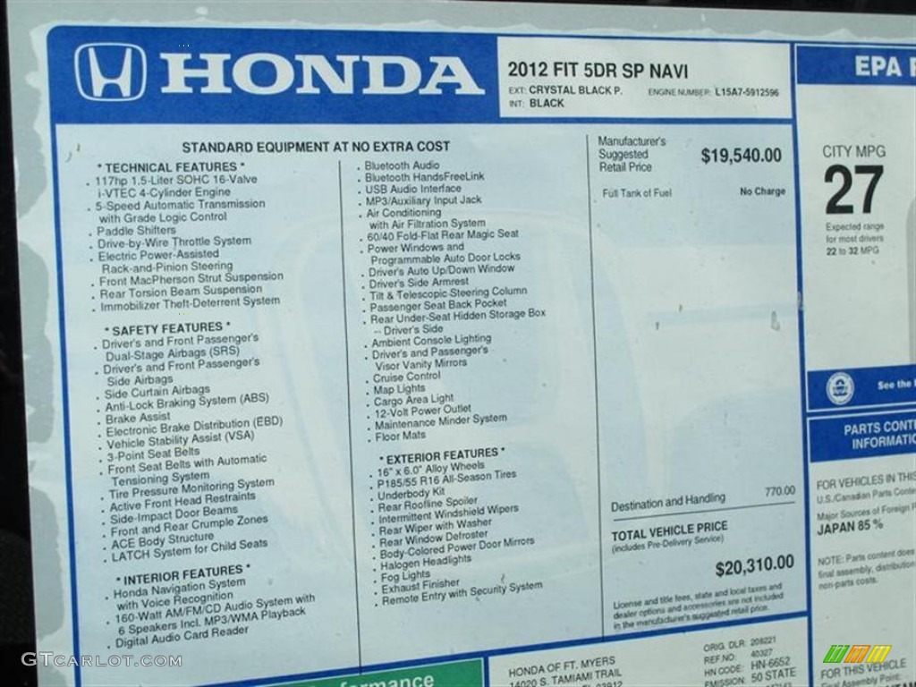 2012 Honda Fit Sport Navigation Window Sticker Photo #61786418
