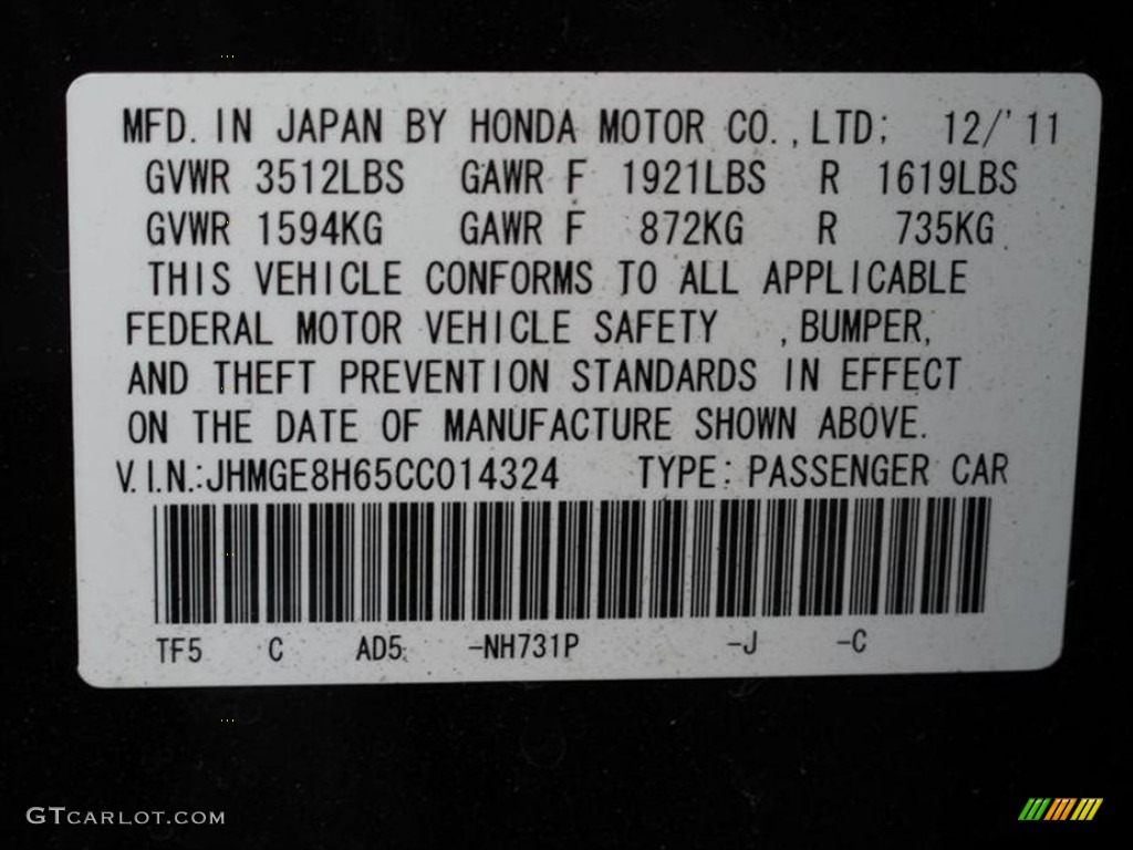2012 Fit Color Code NH731P for Crystal Black Pearl Photo #61786427