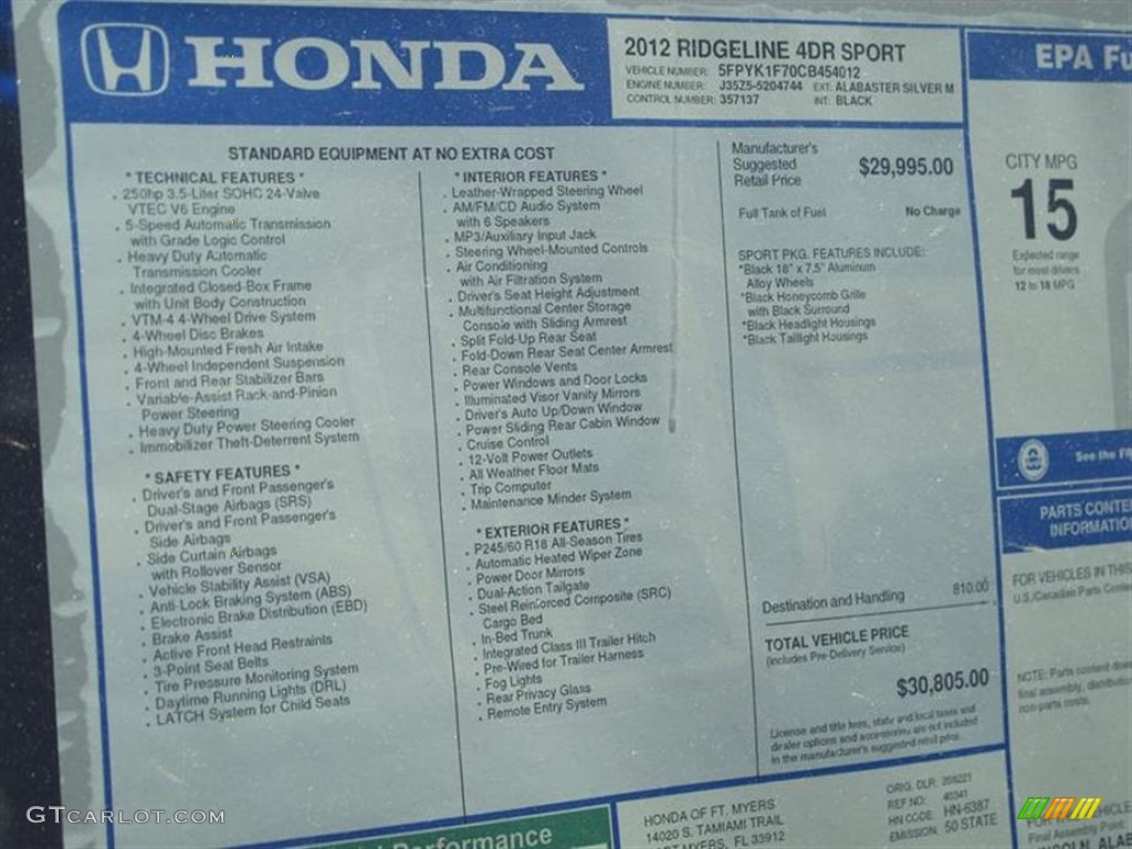 2012 Honda Ridgeline Sport Window Sticker Photos