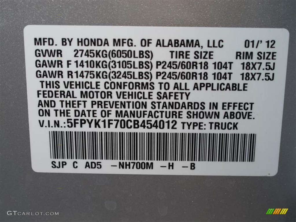 2012 Ridgeline Color Code NH700M for Alabaster Silver Metallic Photo #61786529