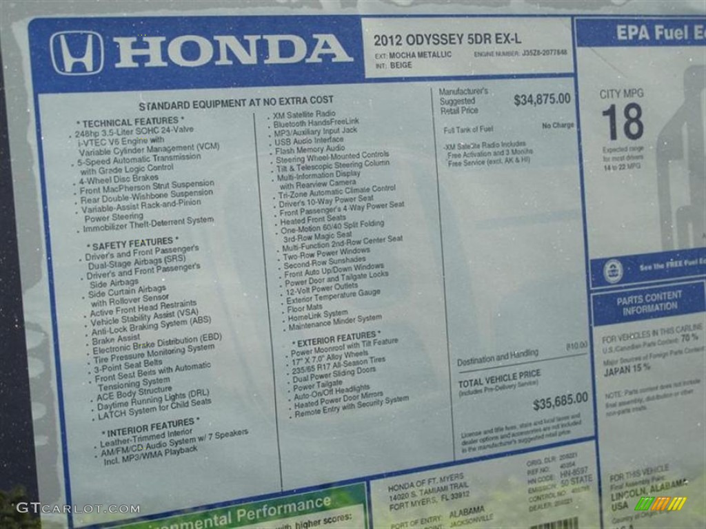 2012 Honda Odyssey EX-L Window Sticker Photo #61786802