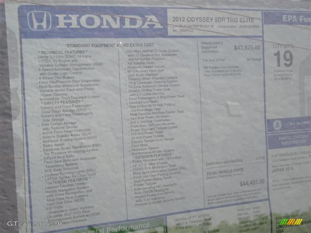2012 Honda Odyssey Touring Elite Window Sticker Photo #61787168