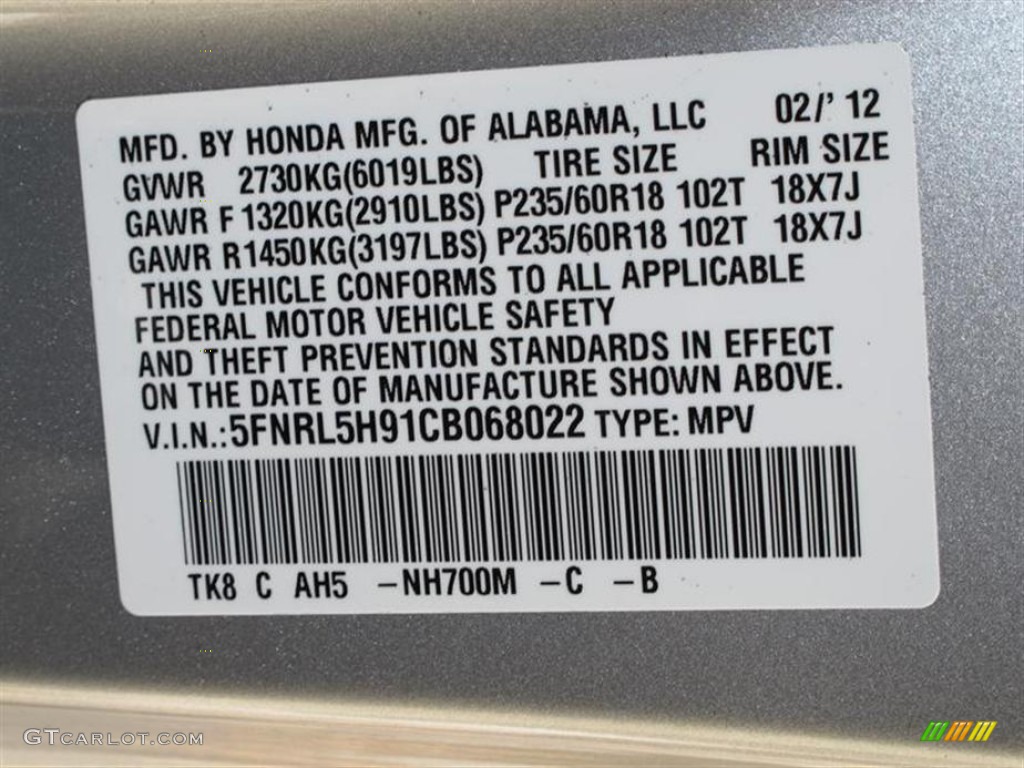 2012 Odyssey Color Code NH700M for Alabaster Silver Metallic Photo #61787177