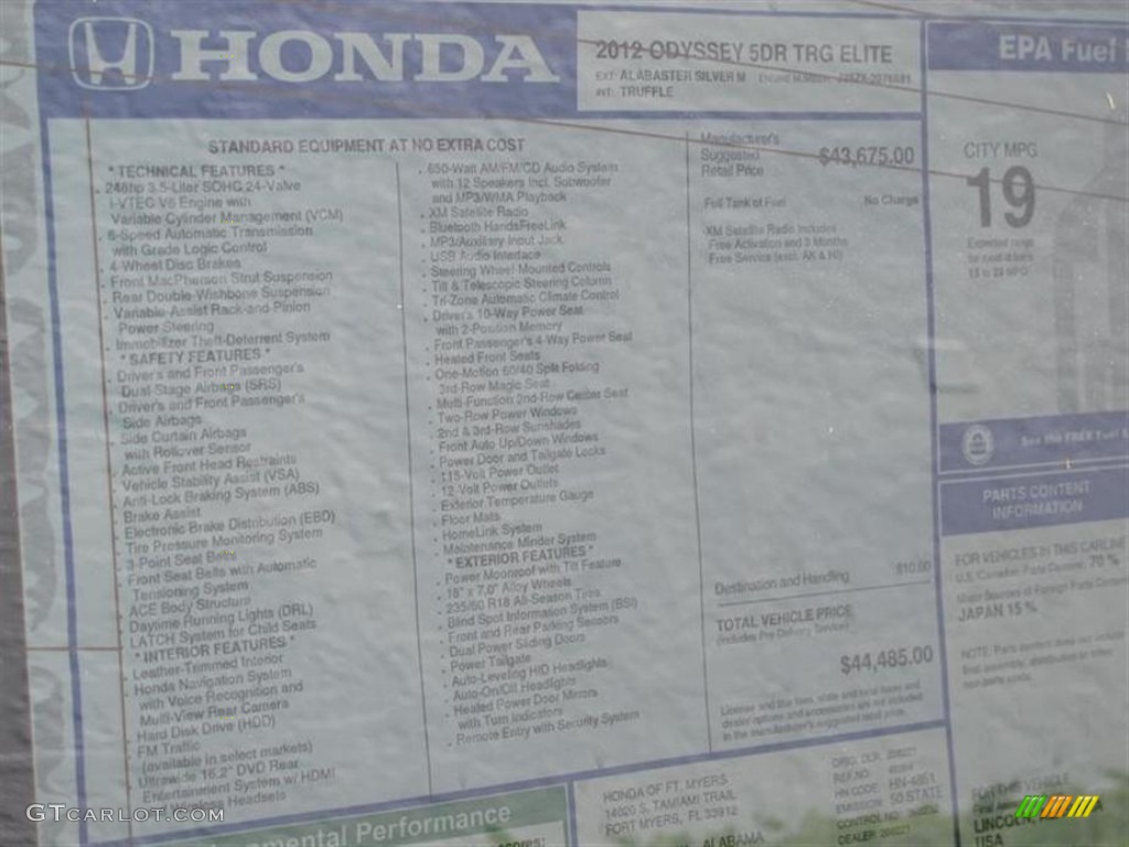 2012 Honda Odyssey Touring Elite Window Sticker Photo #61787264