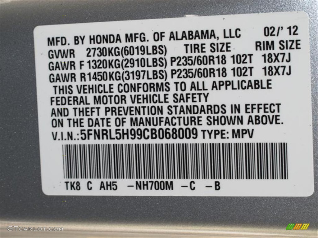NH700M 2012 Honda Odyssey Touring Elite Parts
