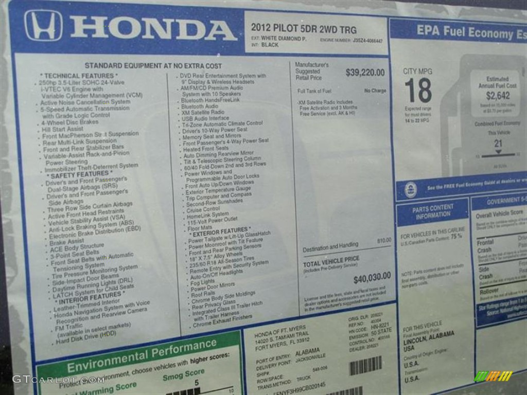 2012 Honda Pilot Touring Window Sticker Photo #61789274