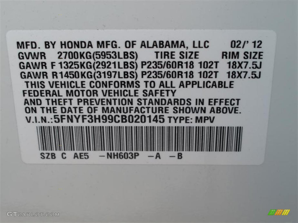 2012 Pilot Color Code NH603P for White Diamond Pearl Photo #61789283