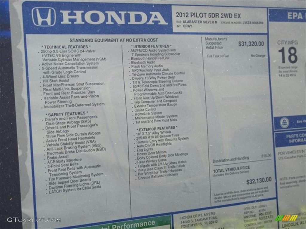 2012 Honda Pilot EX Window Sticker Photo #61789370