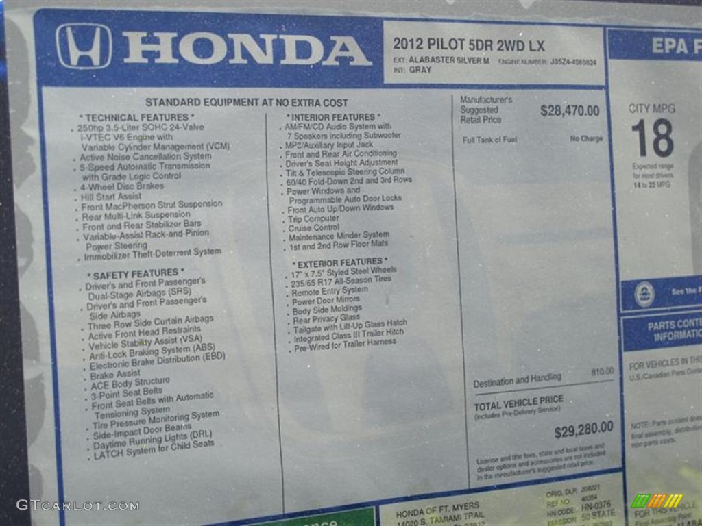 2012 Honda Pilot LX Window Sticker Photo #61789559