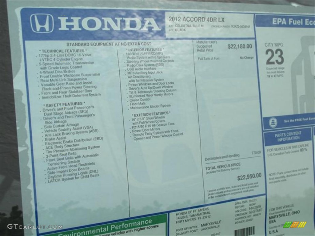 2012 Honda Accord LX Sedan Window Sticker Photo #61790337