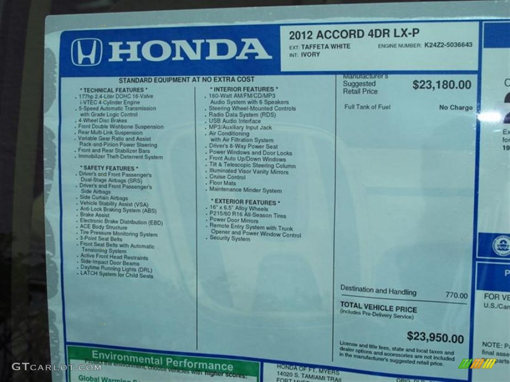 2012 Honda Accord LX Premium Sedan Window Sticker Photo #61790810