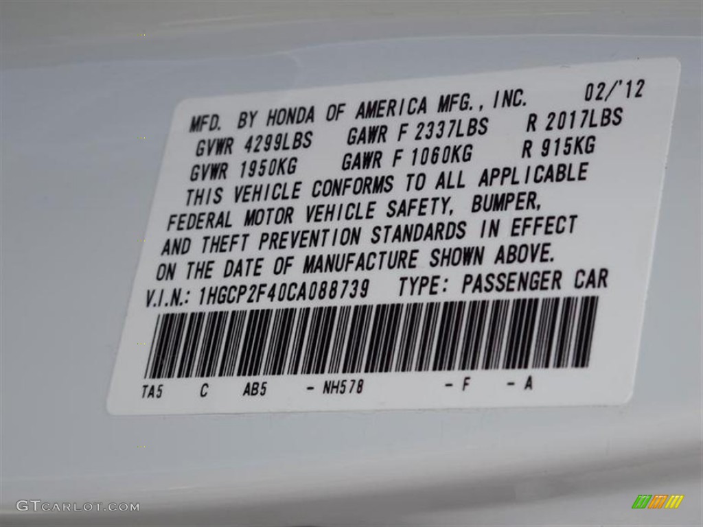 2012 Accord Color Code NH578 for Taffeta White Photo #61790820