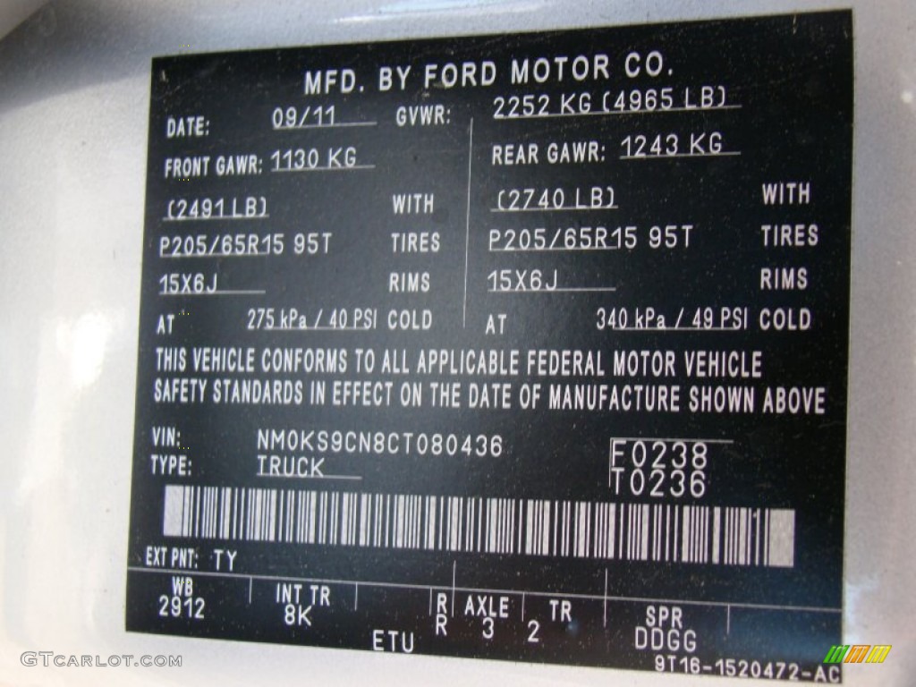 2012 Transit Connect Color Code TY for Silver Metallic Photo #61791632