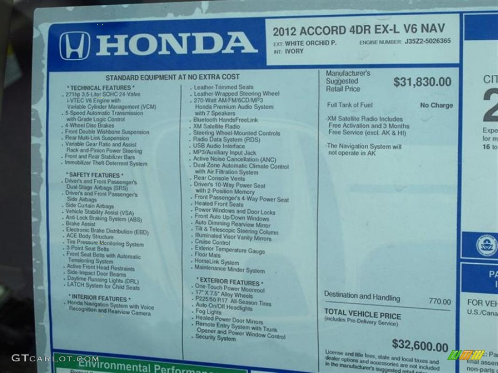 2012 Honda Accord EX-L V6 Sedan Window Sticker Photo #61791767