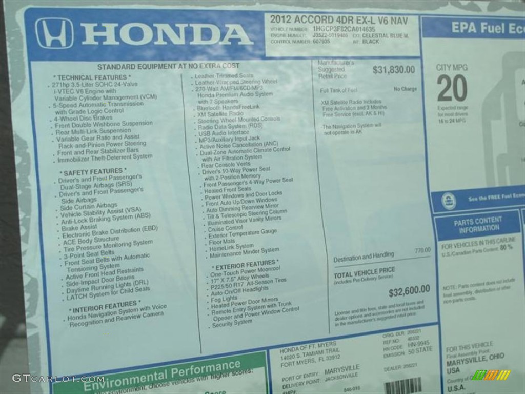 2012 Honda Accord EX-L V6 Sedan Window Sticker Photo #61792343