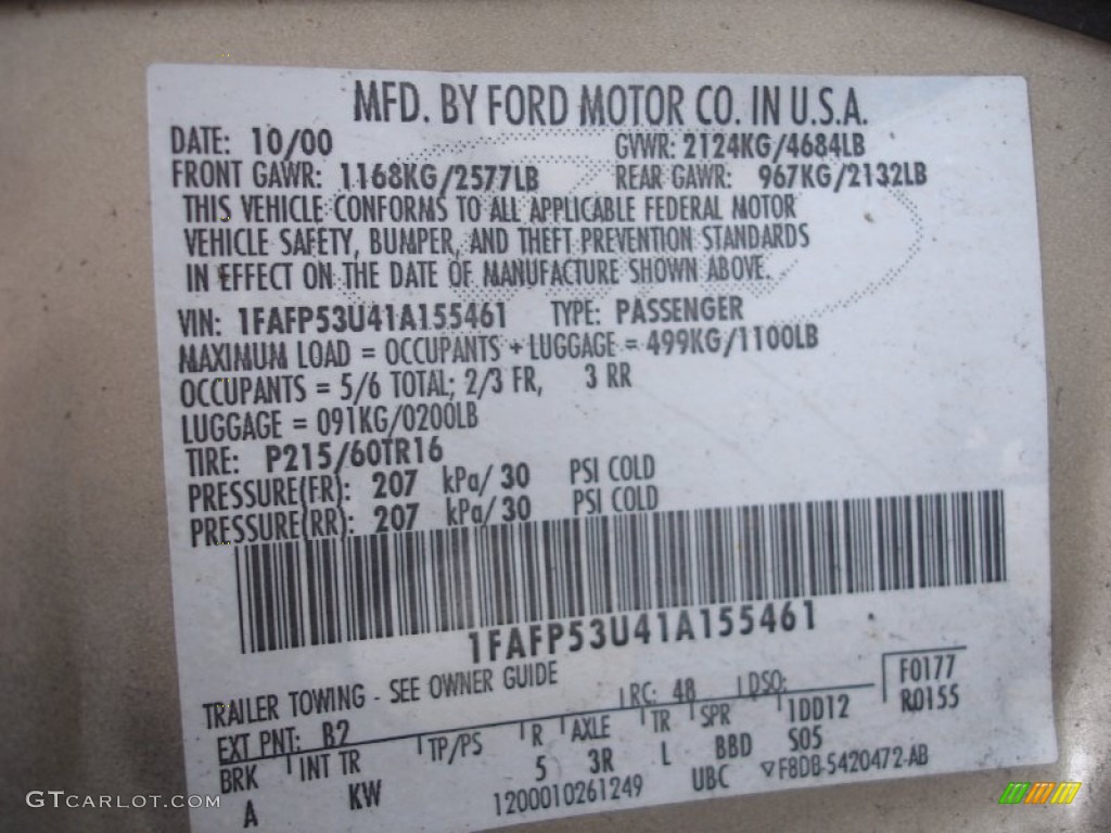 2001 Taurus Color Code B2 for Harvest Gold Metallic Photo #61798664