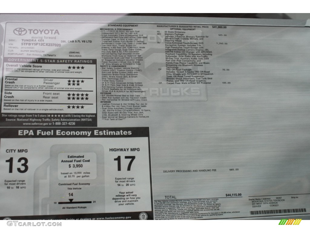 2012 Toyota Tundra Limited Double Cab 4x4 Window Sticker Photo #61802198