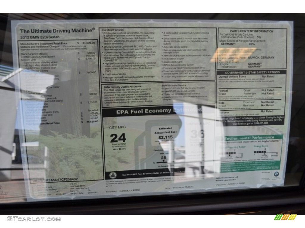2012 BMW 3 Series 328i Sedan Window Sticker Photo #61803560