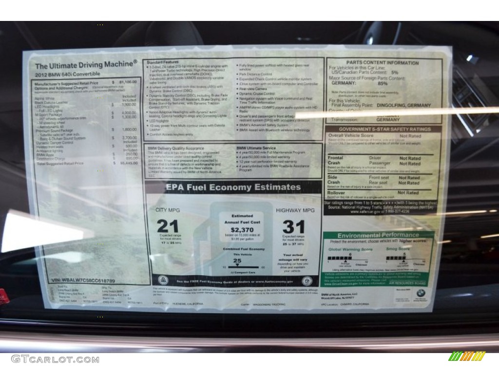 2012 BMW 6 Series 640i Convertible Window Sticker Photo #61804205