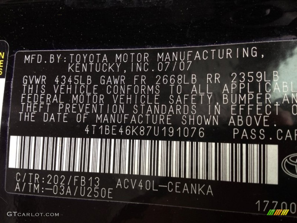 2007 Camry Color Code 202 for Black Photo #61805688