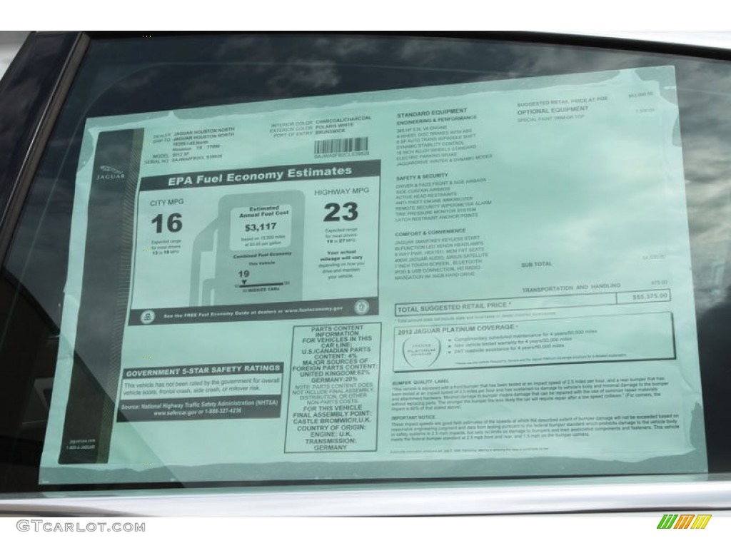 2012 Jaguar XF Standard XF Model Window Sticker Photo #61805828