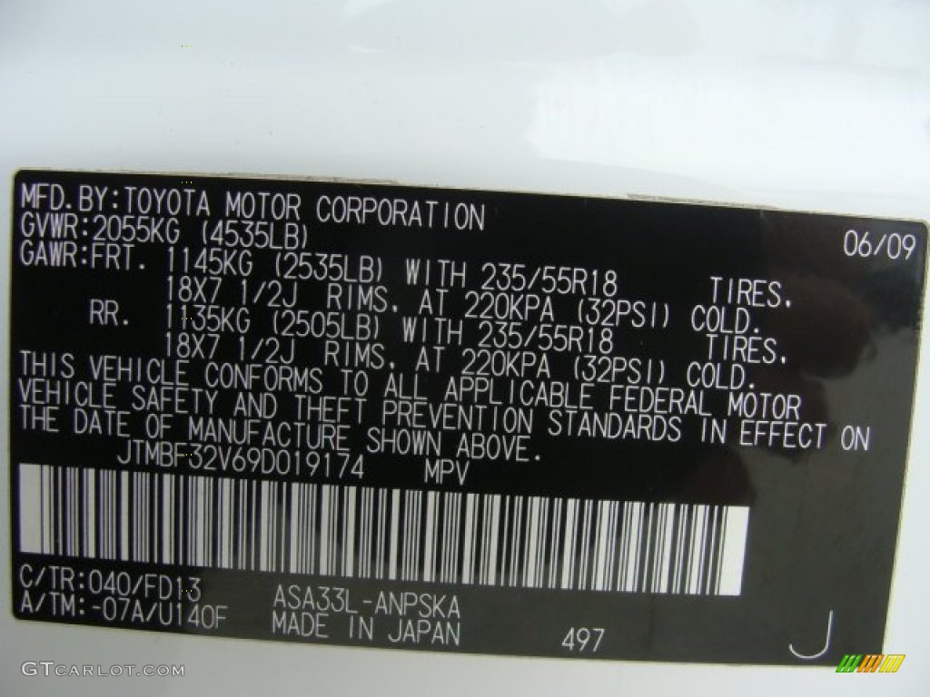 2009 RAV4 Color Code 040 for Super White Photo #61806809