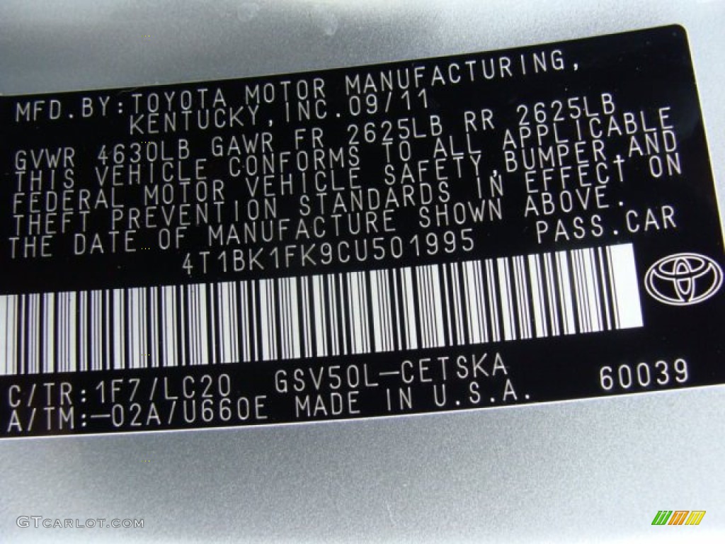 2012 Camry Color Code 1F7 for Classic Silver Metallic Photo #61808108
