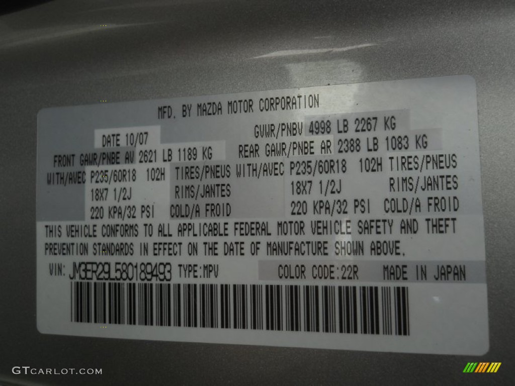 2008 CX-7 Color Code 22R for Liquid Platinum Metallic Photo #61815542