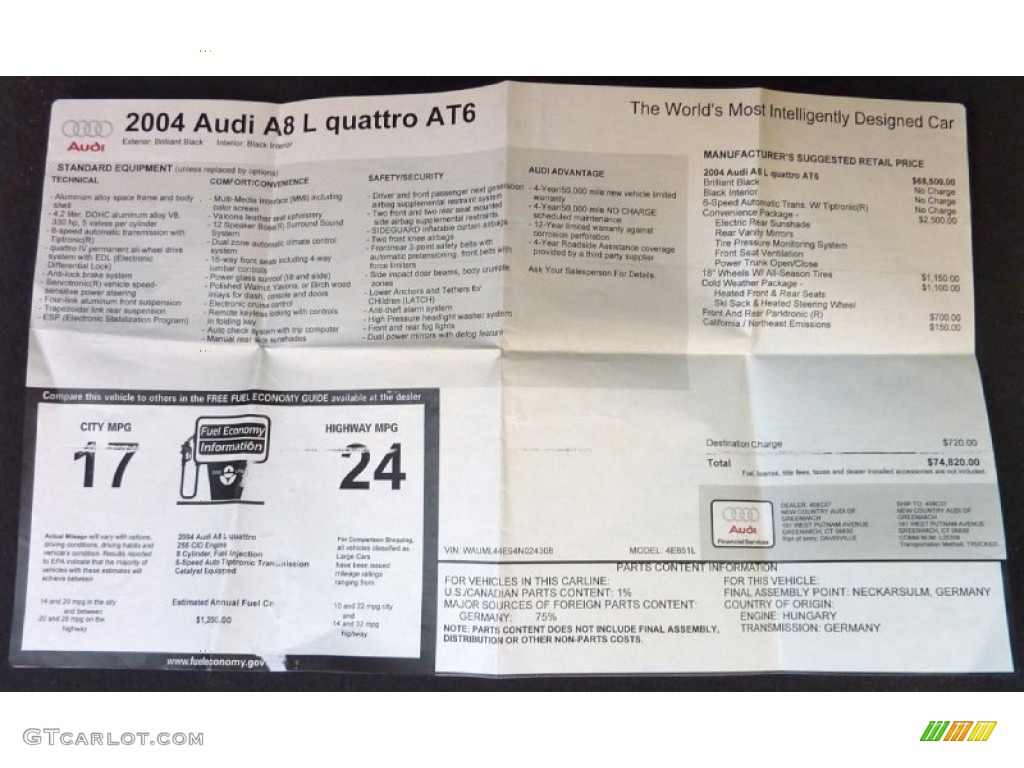 2004 Audi A8 L 4.2 quattro Window Sticker Photo #61824893