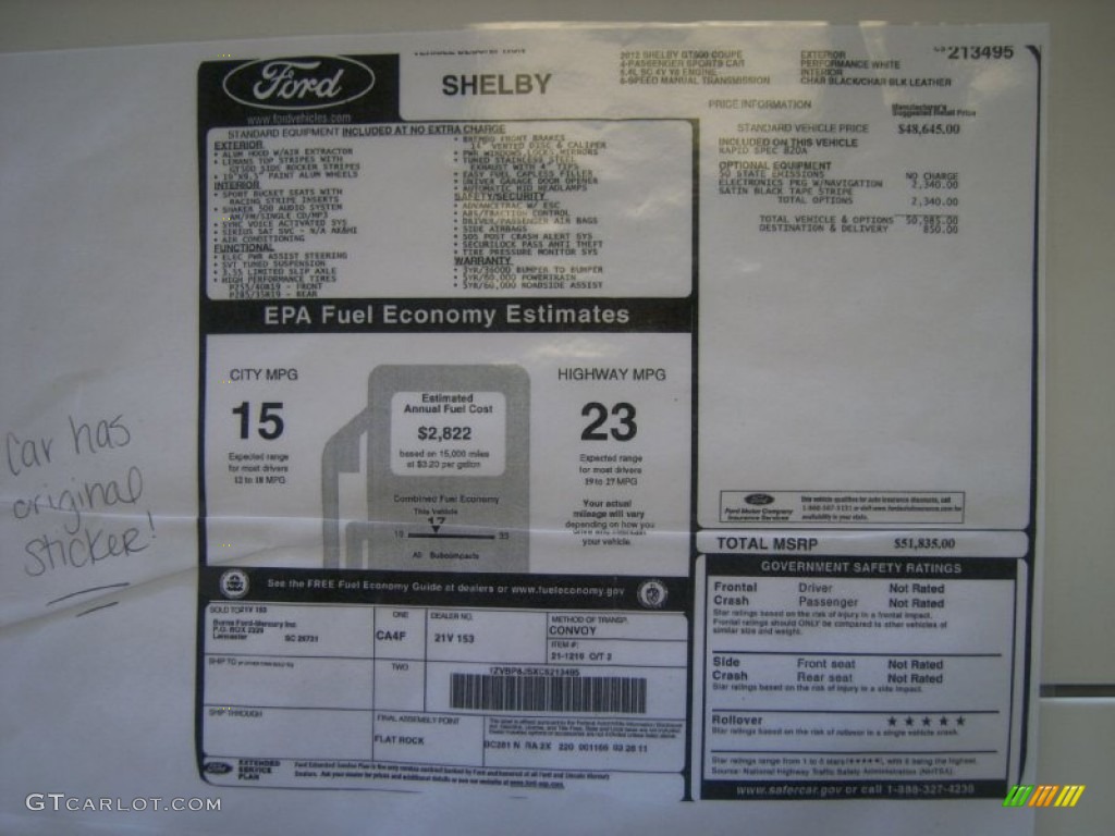 2012 Ford Mustang Shelby GT500 Coupe Window Sticker Photo #61831335
