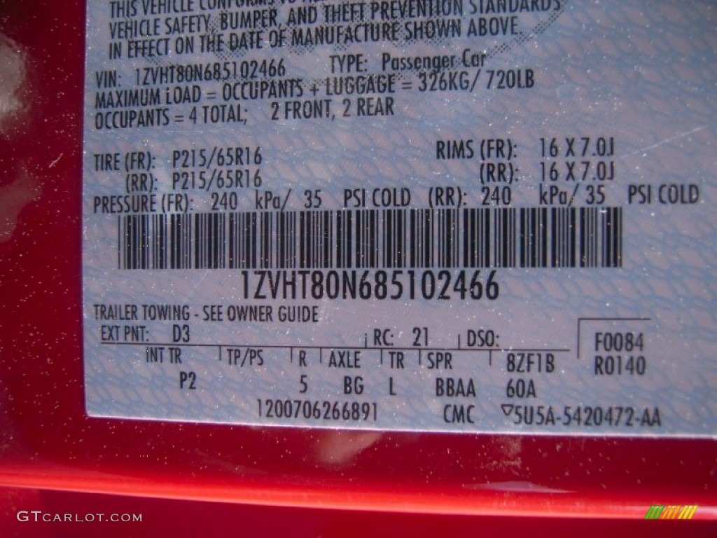 2008 Mustang Color Code D3 for Torch Red Photo #61832456