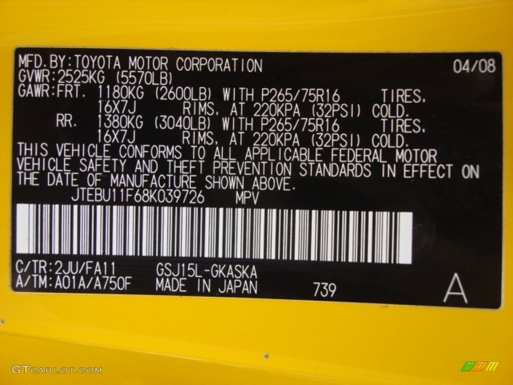 2008 FJ Cruiser Color Code 2Ju for Sun Fusion Yellow Photo #61836495