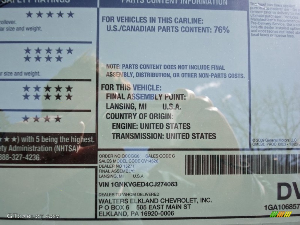 2012 Chevrolet Traverse LT AWD Window Sticker Photos