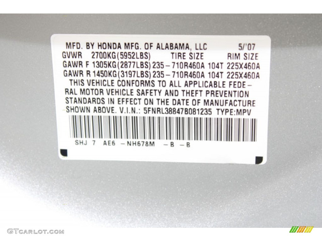 2007 Honda Odyssey Touring Color Code Photos