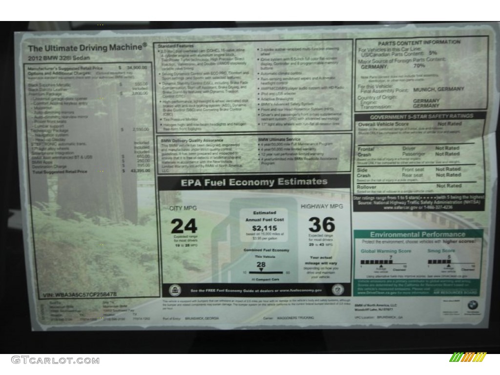 2012 BMW 3 Series 328i Sedan Window Sticker Photo #61846695