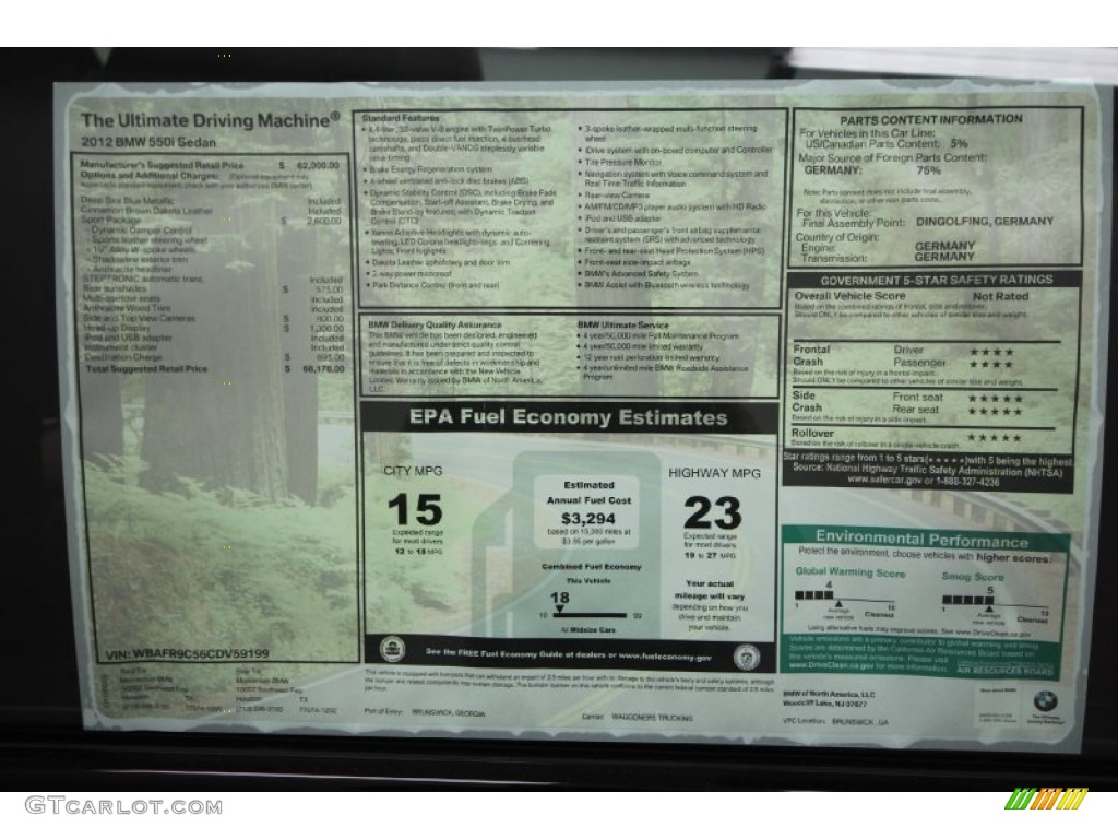 2012 BMW 5 Series 550i Sedan Window Sticker Photo #61847720
