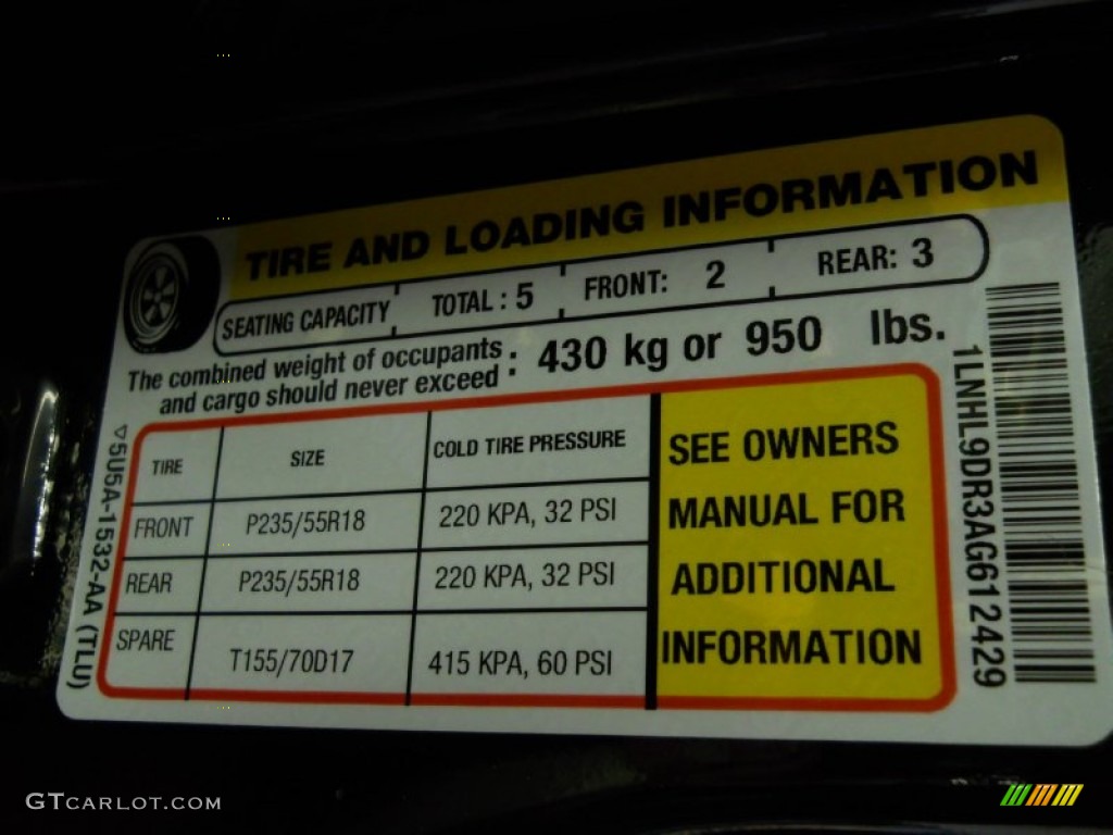 2010 Lincoln MKS FWD Info Tag Photo #61866495