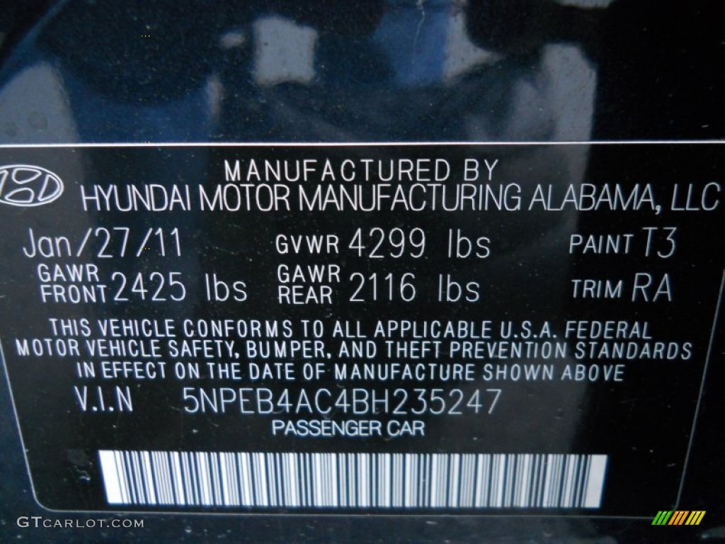 2011 Sonata Color Code T3 for Pacific Blue Pearl Photo #61867299