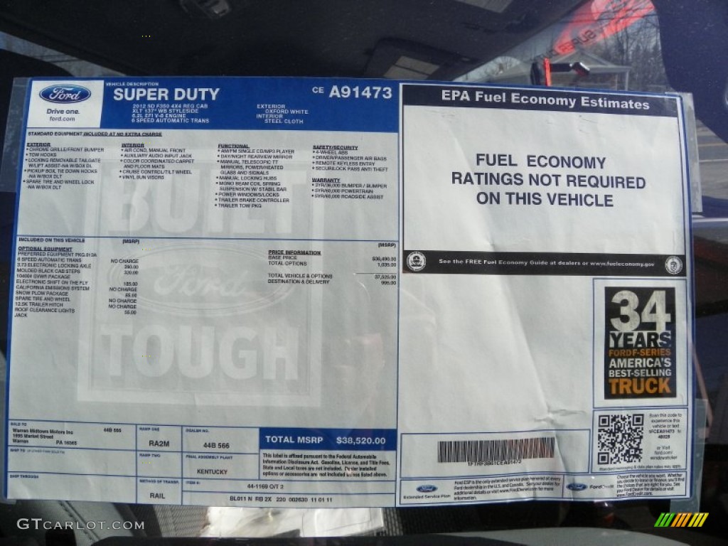 2012 Ford F350 Super Duty XLT Regular Cab 4x4 Window Sticker Photos