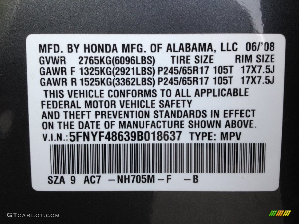 2009 Pilot Color Code NH705M for Nimbus Gray Metallic Photo #61881272