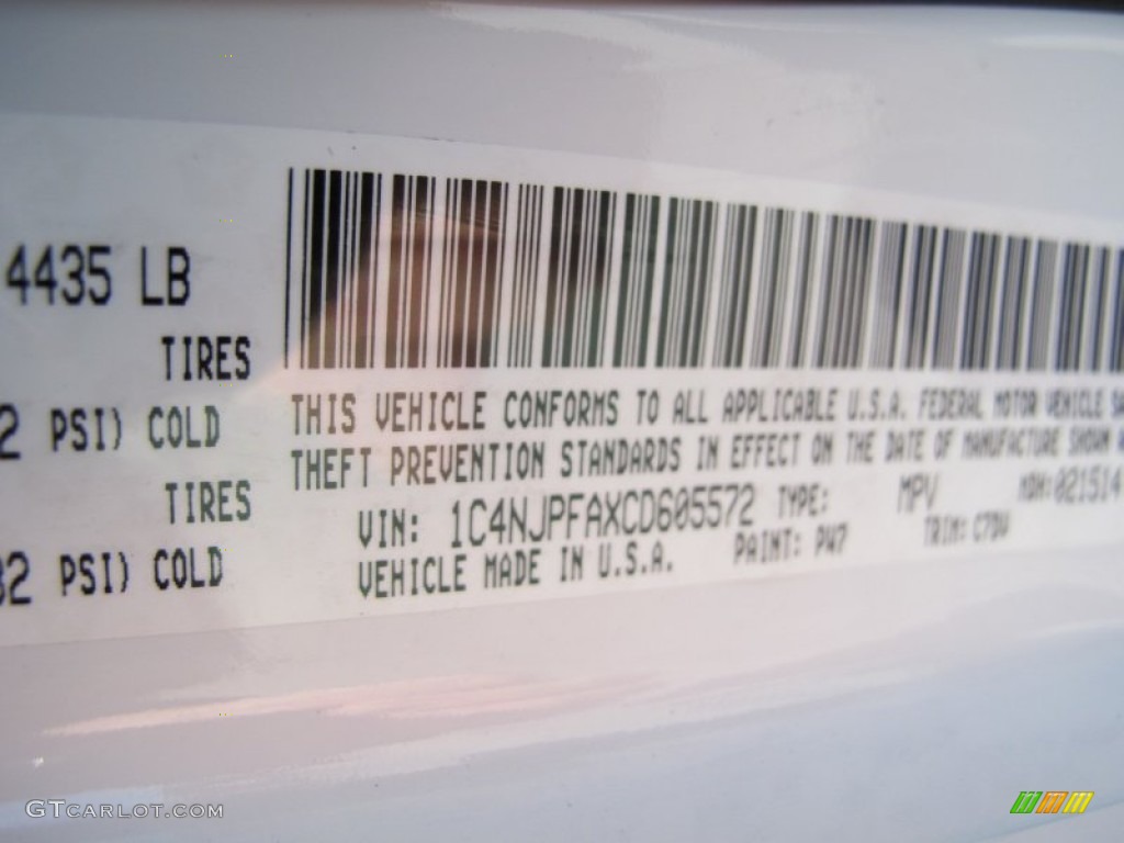 2012 Patriot Color Code PW7 for Bright White Photo #61882376