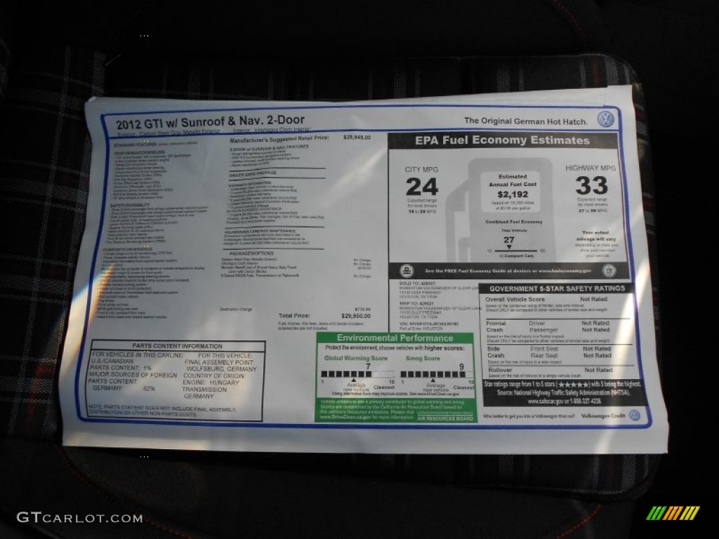 2012 Volkswagen GTI 2 Door Window Sticker Photo #61885431