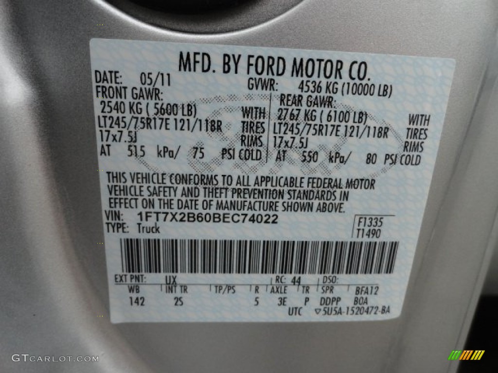 2011 F250 Super Duty Color Code UX for Ingot Silver Metallic Photo #61887684