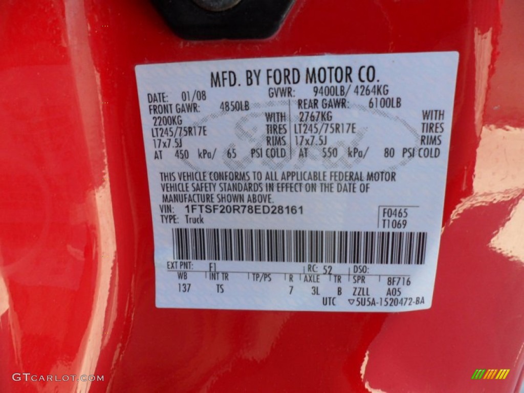 2008 F250 Super Duty Color Code F1 for Red Photo #61900362