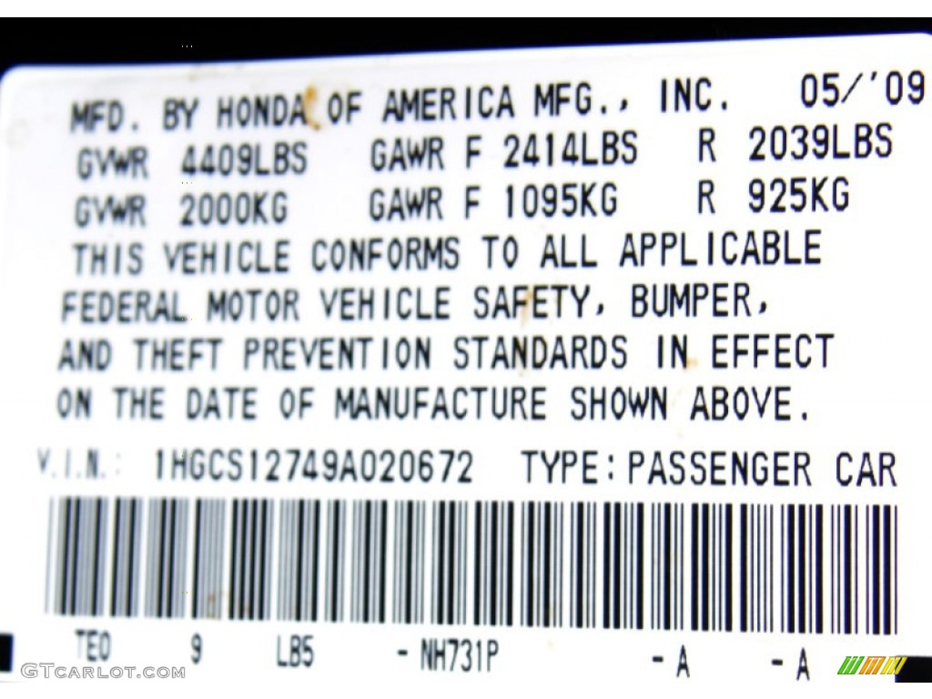 2009 Honda Accord EX Coupe Color Code Photos